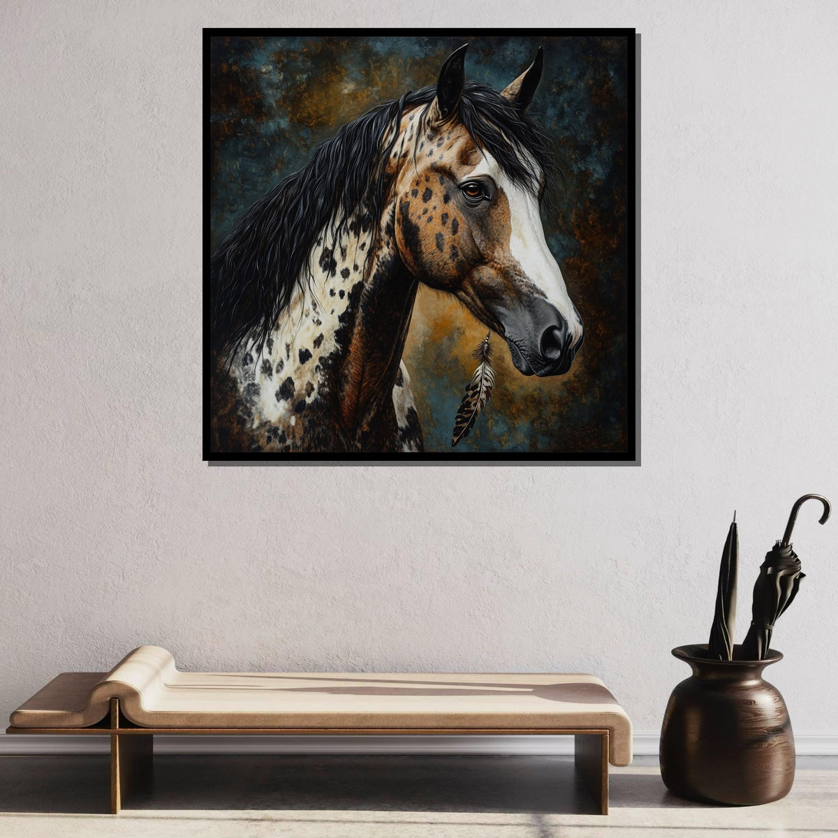 Spotted Horse with Feather Canvas,Native-Inspired Equine Art,Rustic Western Wall Decor,Majestic Appaloosa Portrait,Animal Art,Ready to Hang