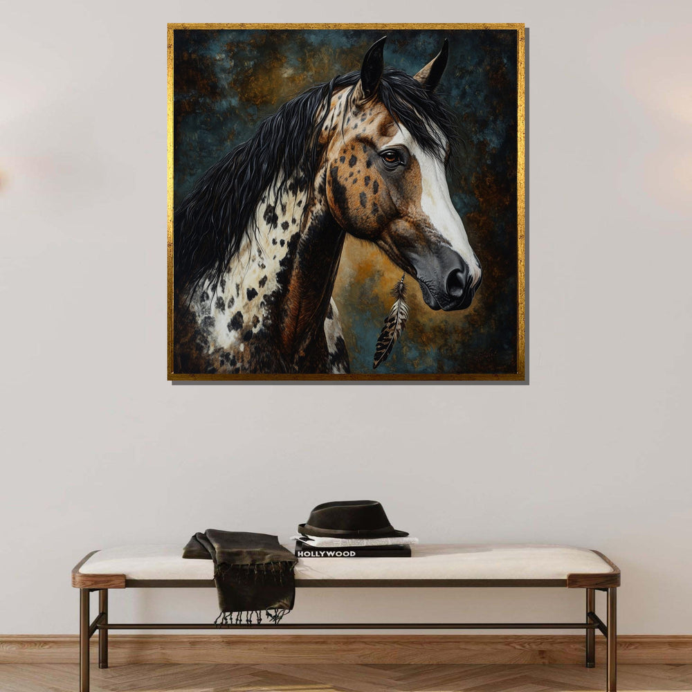 Spotted Horse with Feather Canvas,Native-Inspired Equine Art,Rustic Western Wall Decor,Majestic Appaloosa Portrait,Animal Art,Ready to Hang