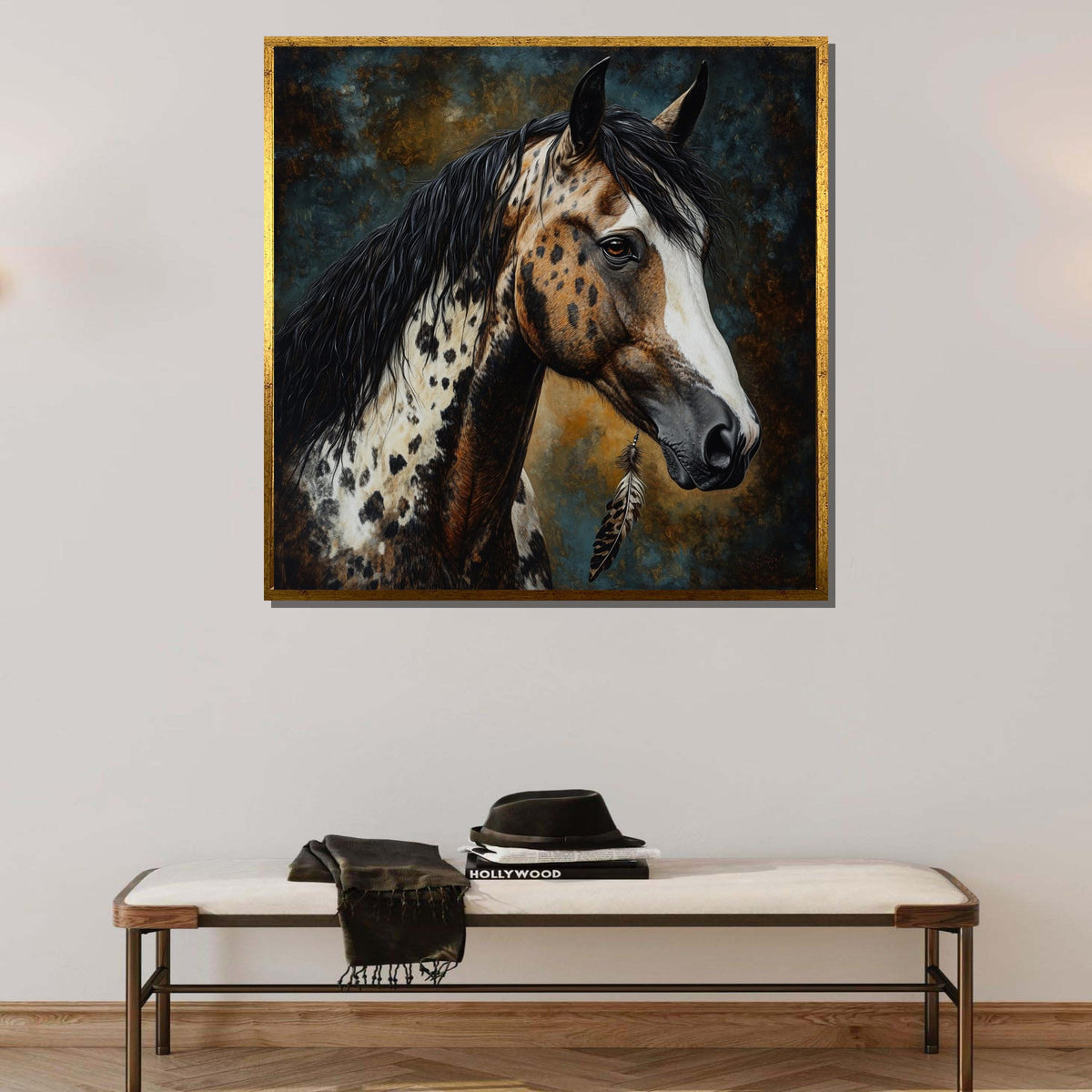 Spotted Horse with Feather Canvas,Native-Inspired Equine Art,Rustic Western Wall Decor,Majestic Appaloosa Portrait,Animal Art,Ready to Hang