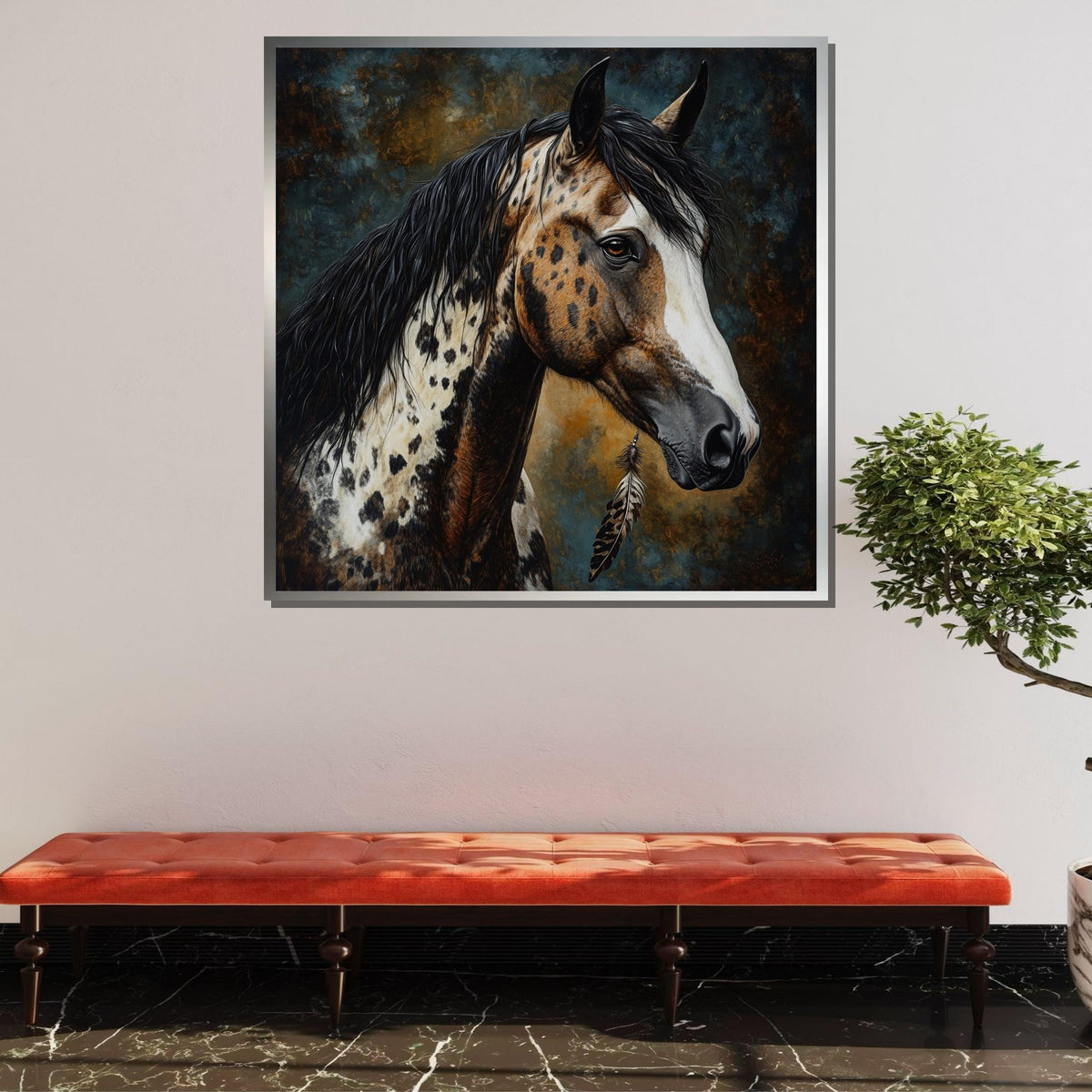 Spotted Horse with Feather Canvas,Native-Inspired Equine Art,Rustic Western Wall Decor,Majestic Appaloosa Portrait,Animal Art,Ready to Hang
