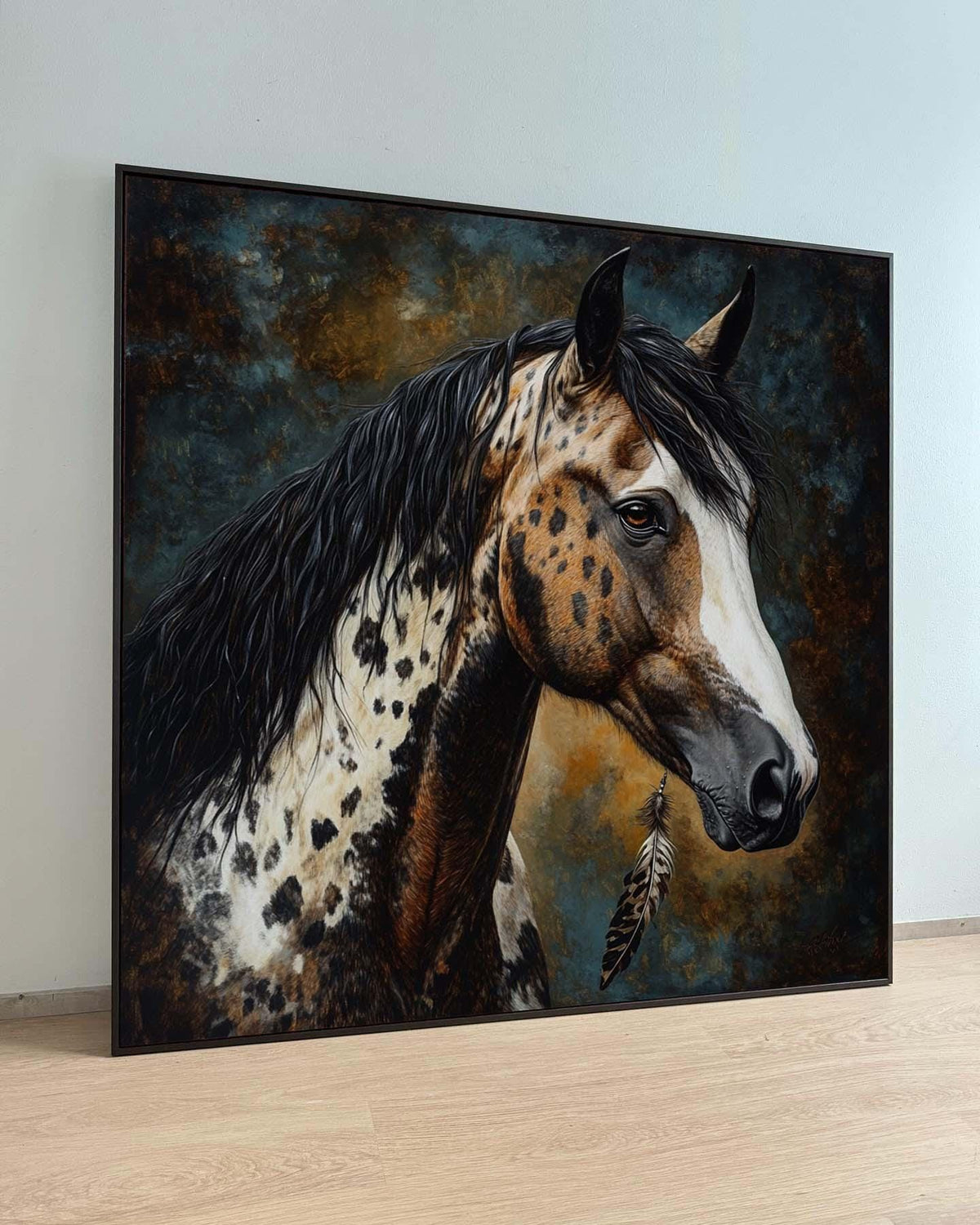 Spotted Horse with Feather Canvas,Native-Inspired Equine Art,Rustic Western Wall Decor,Majestic Appaloosa Portrait,Animal Art,Ready to Hang