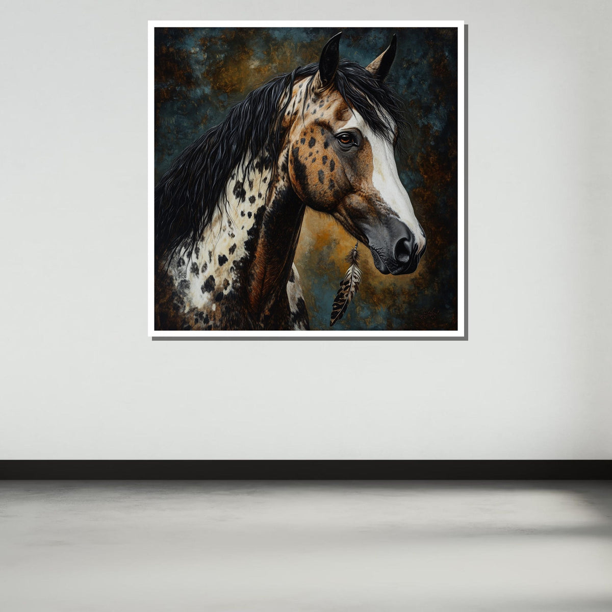 Spotted Horse with Feather Canvas,Native-Inspired Equine Art,Rustic Western Wall Decor,Majestic Appaloosa Portrait,Animal Art,Ready to Hang