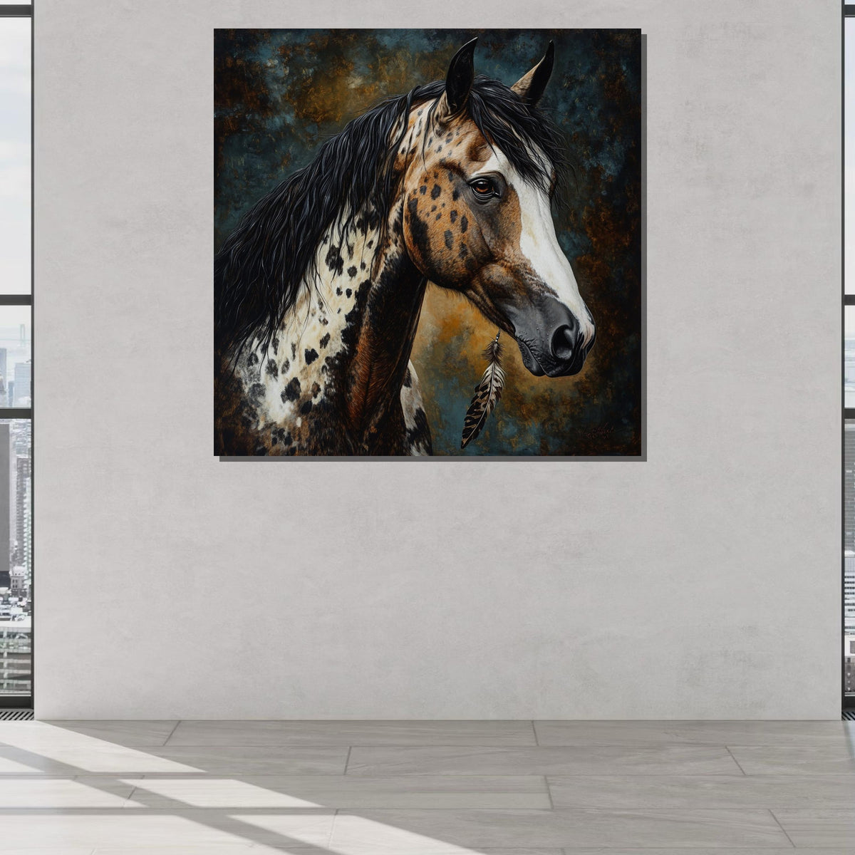 Spotted Horse with Feather Canvas,Native-Inspired Equine Art,Rustic Western Wall Decor,Majestic Appaloosa Portrait,Animal Art,Ready to Hang