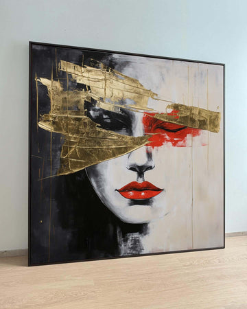 Abstract Face with Gold Leaf Canvas,Modern Minimalist Portrait Art,Red and Gold Accent Wall Decor,Elegant Contemporary Artwork,Ready to Hang
