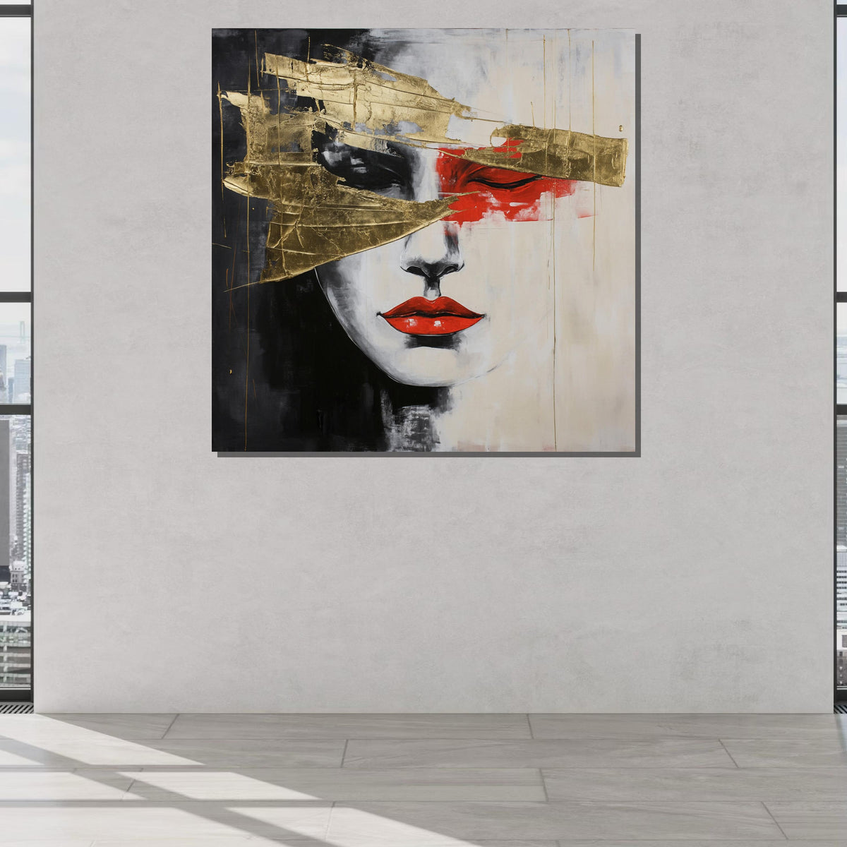 Abstract Face with Gold Leaf Canvas,Modern Minimalist Portrait Art,Red and Gold Accent Wall Decor,Elegant Contemporary Artwork,Ready to Hang