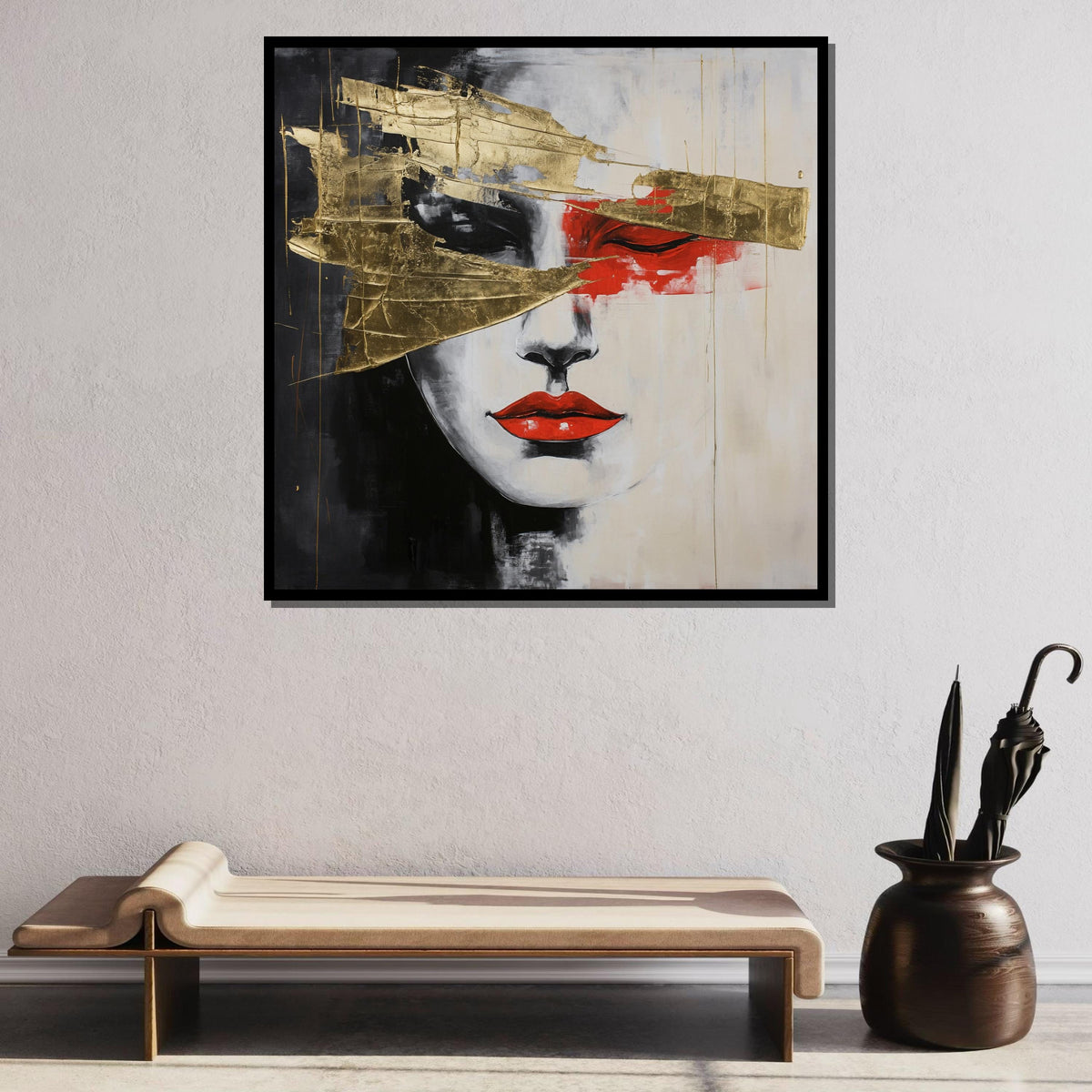 Abstract Face with Gold Leaf Canvas,Modern Minimalist Portrait Art,Red and Gold Accent Wall Decor,Elegant Contemporary Artwork,Ready to Hang