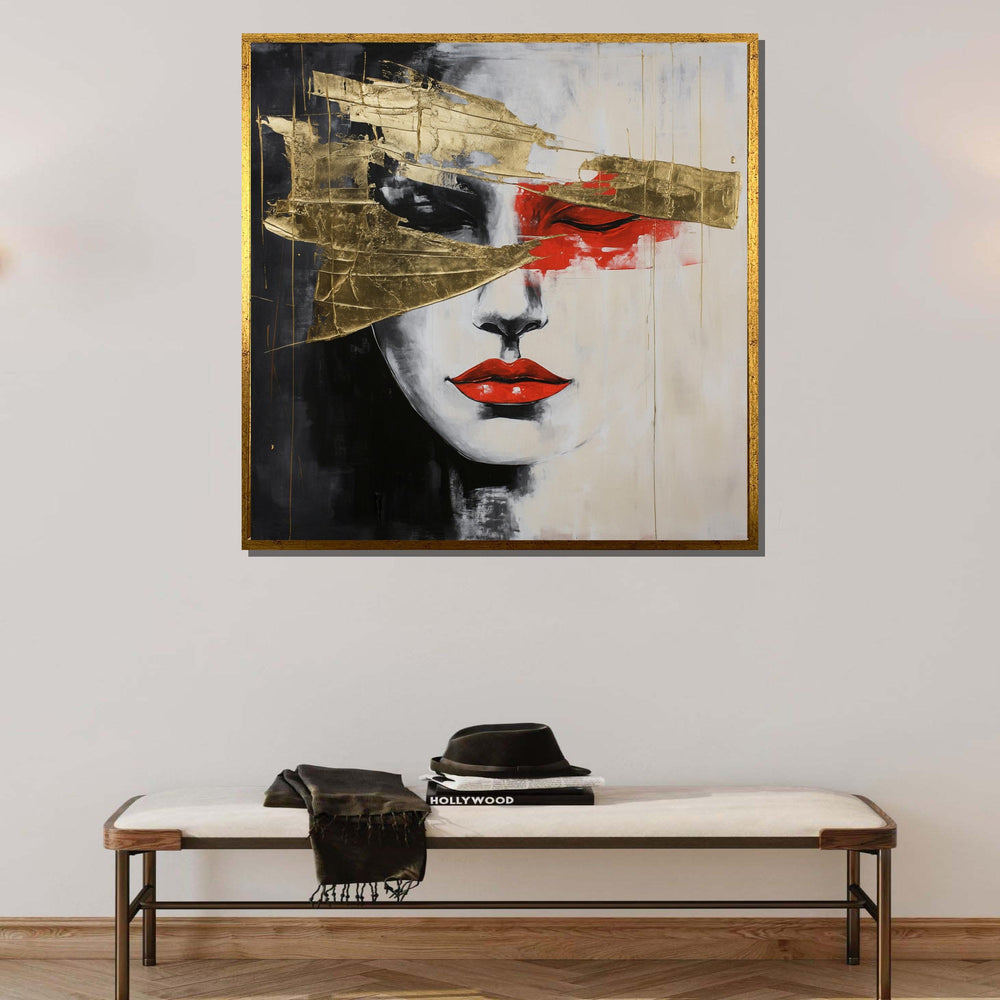 Abstract Face with Gold Leaf Canvas,Modern Minimalist Portrait Art,Red and Gold Accent Wall Decor,Elegant Contemporary Artwork,Ready to Hang
