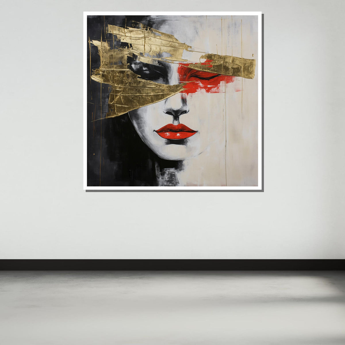 Abstract Face with Gold Leaf Canvas,Modern Minimalist Portrait Art,Red and Gold Accent Wall Decor,Elegant Contemporary Artwork,Ready to Hang