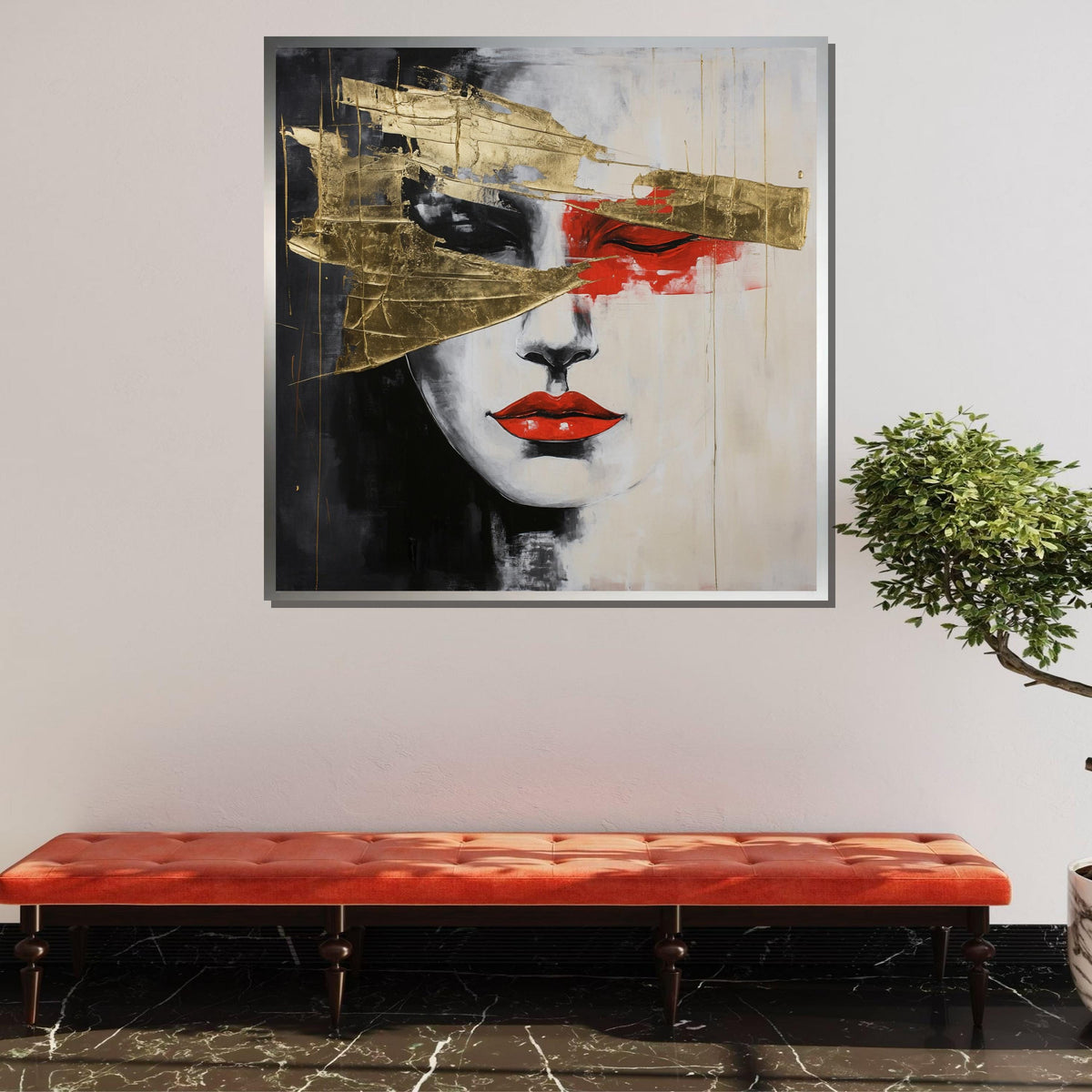 Abstract Face with Gold Leaf Canvas,Modern Minimalist Portrait Art,Red and Gold Accent Wall Decor,Elegant Contemporary Artwork,Ready to Hang