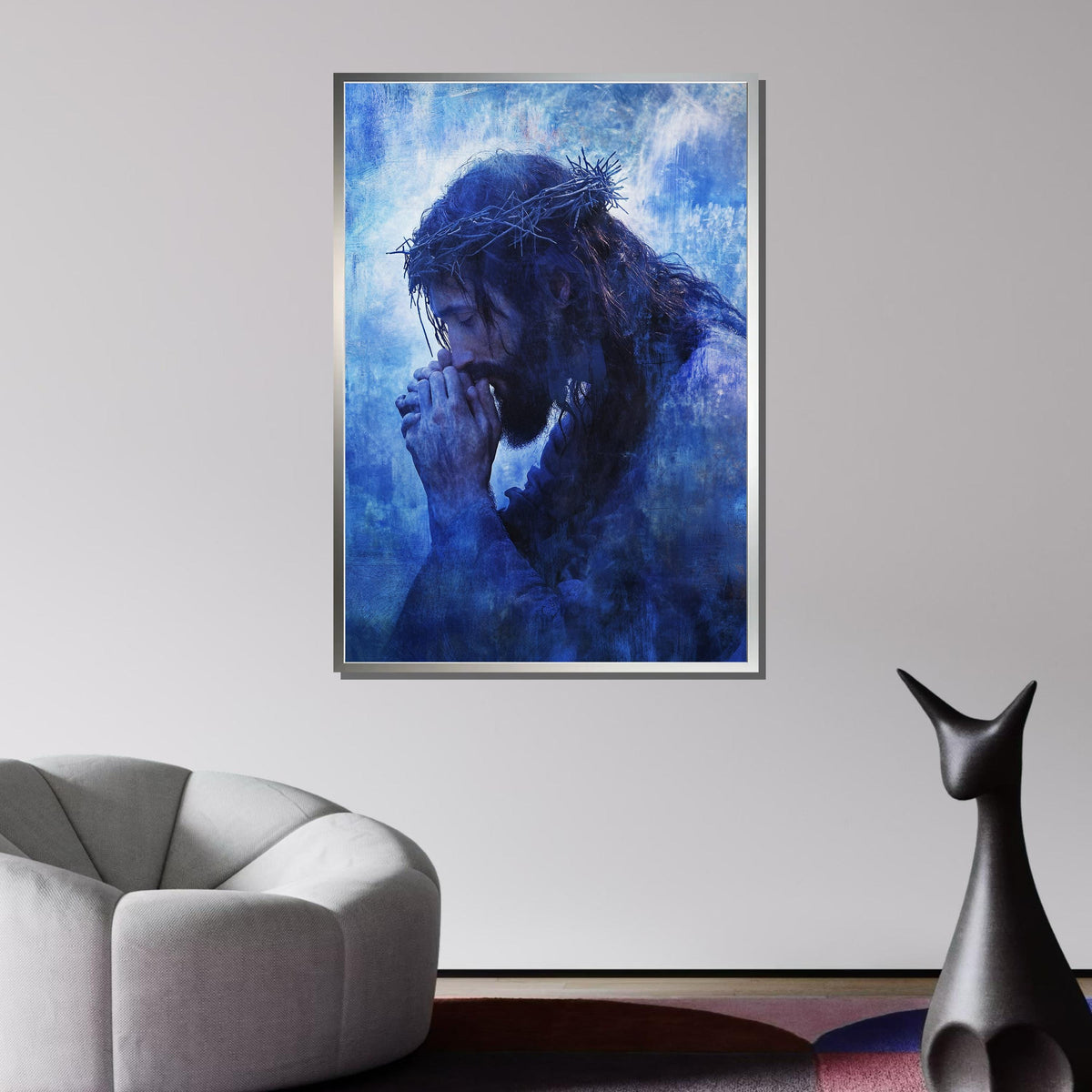Praying Jesus with Crown of Thorns Canvas, Reflective Blue Religious Art, Spiritual Devotion Wall Decor, Inspirational Christian Artwork