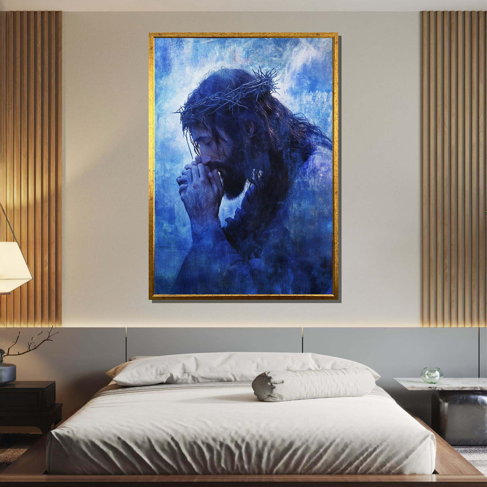 Praying Jesus with Crown of Thorns Canvas, Reflective Blue Religious Art, Spiritual Devotion Wall Decor, Inspirational Christian Artwork