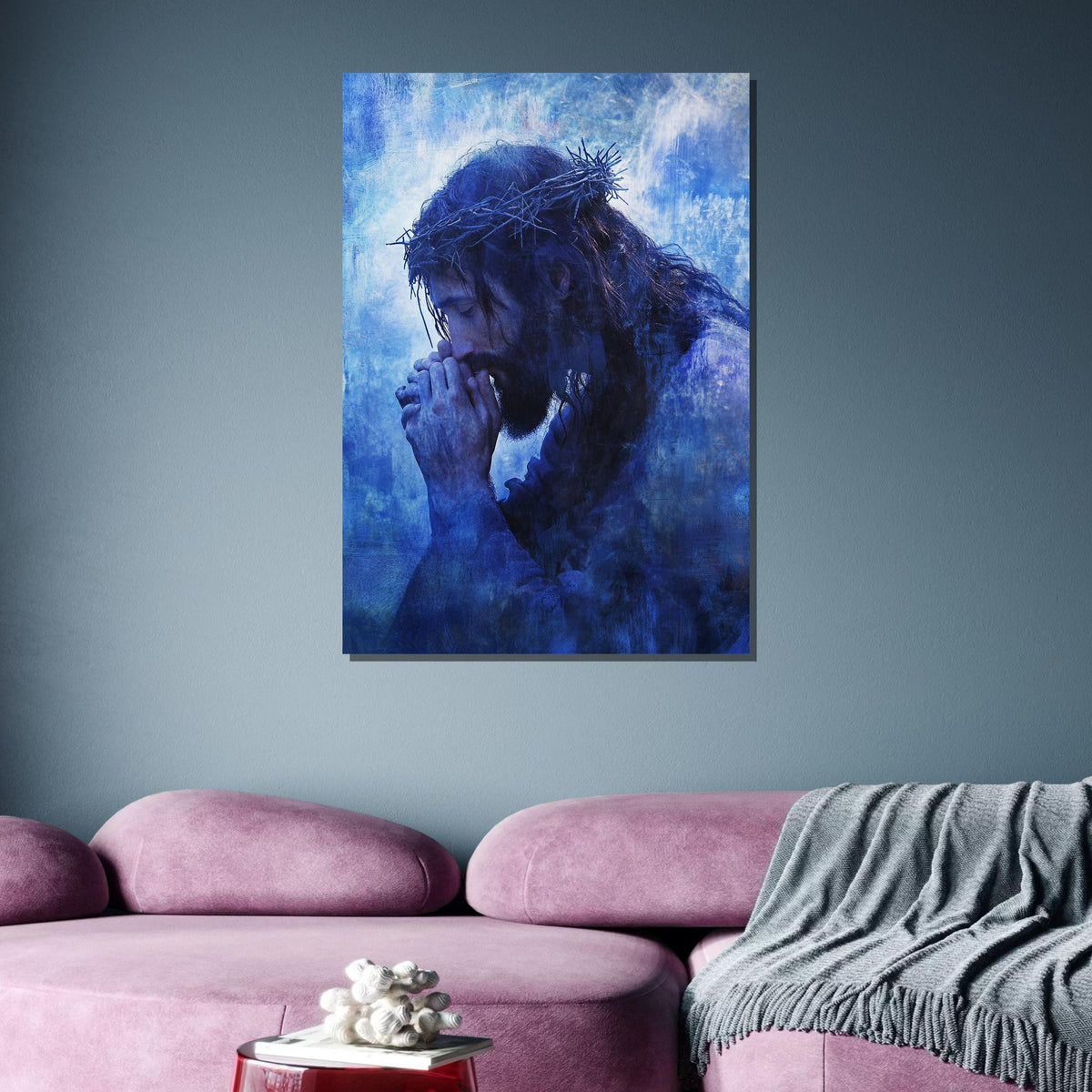 Praying Jesus with Crown of Thorns Canvas, Reflective Blue Religious Art, Spiritual Devotion Wall Decor, Inspirational Christian Artwork