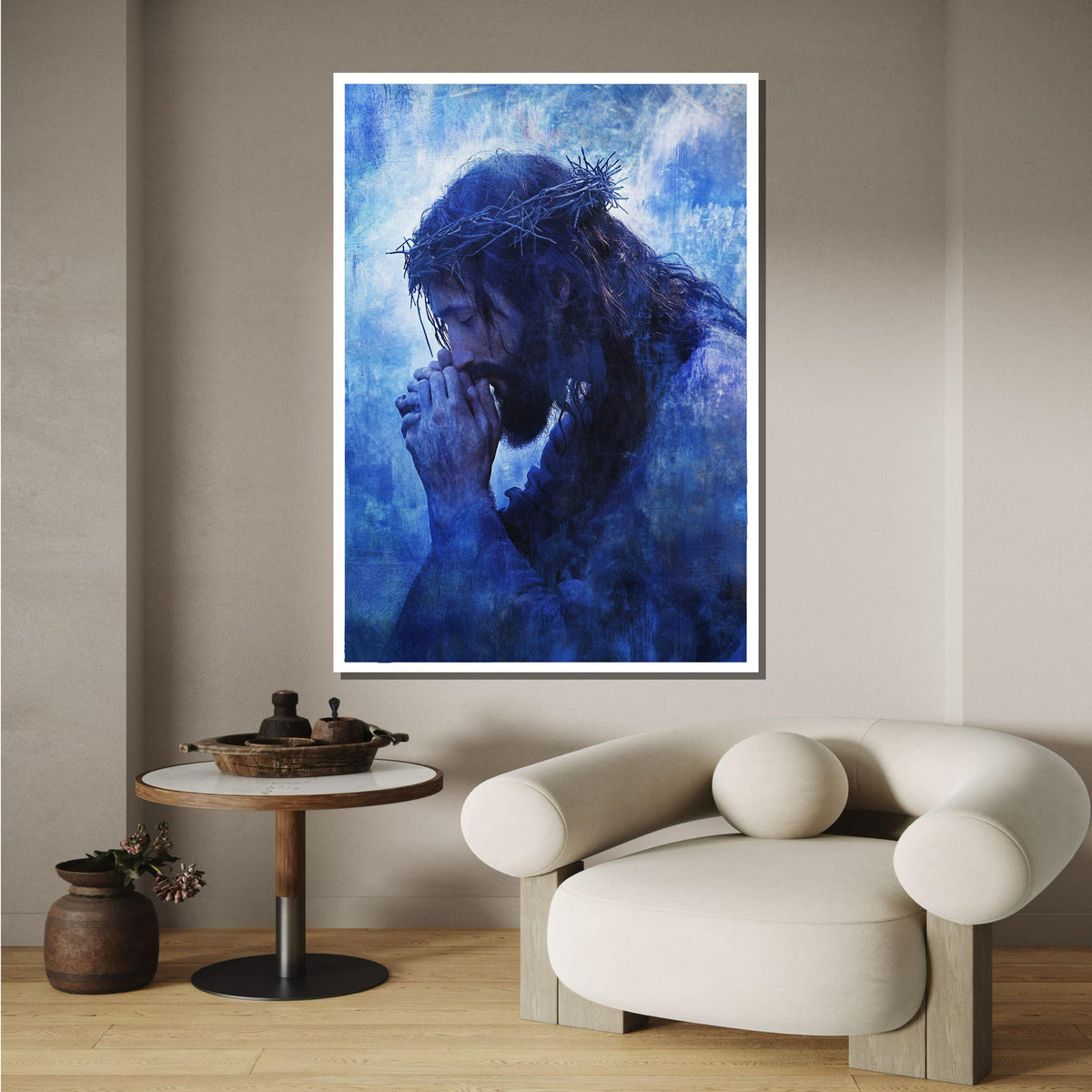 Praying Jesus with Crown of Thorns Canvas, Reflective Blue Religious Art, Spiritual Devotion Wall Decor, Inspirational Christian Artwork