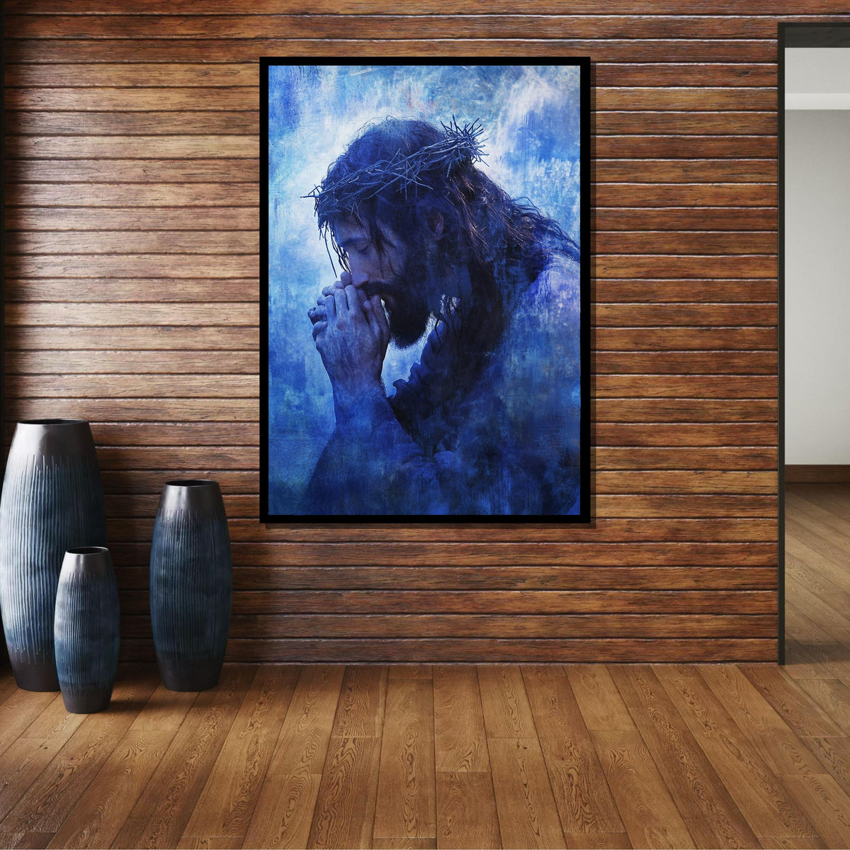 Praying Jesus with Crown of Thorns Canvas, Reflective Blue Religious Art, Spiritual Devotion Wall Decor, Inspirational Christian Artwork