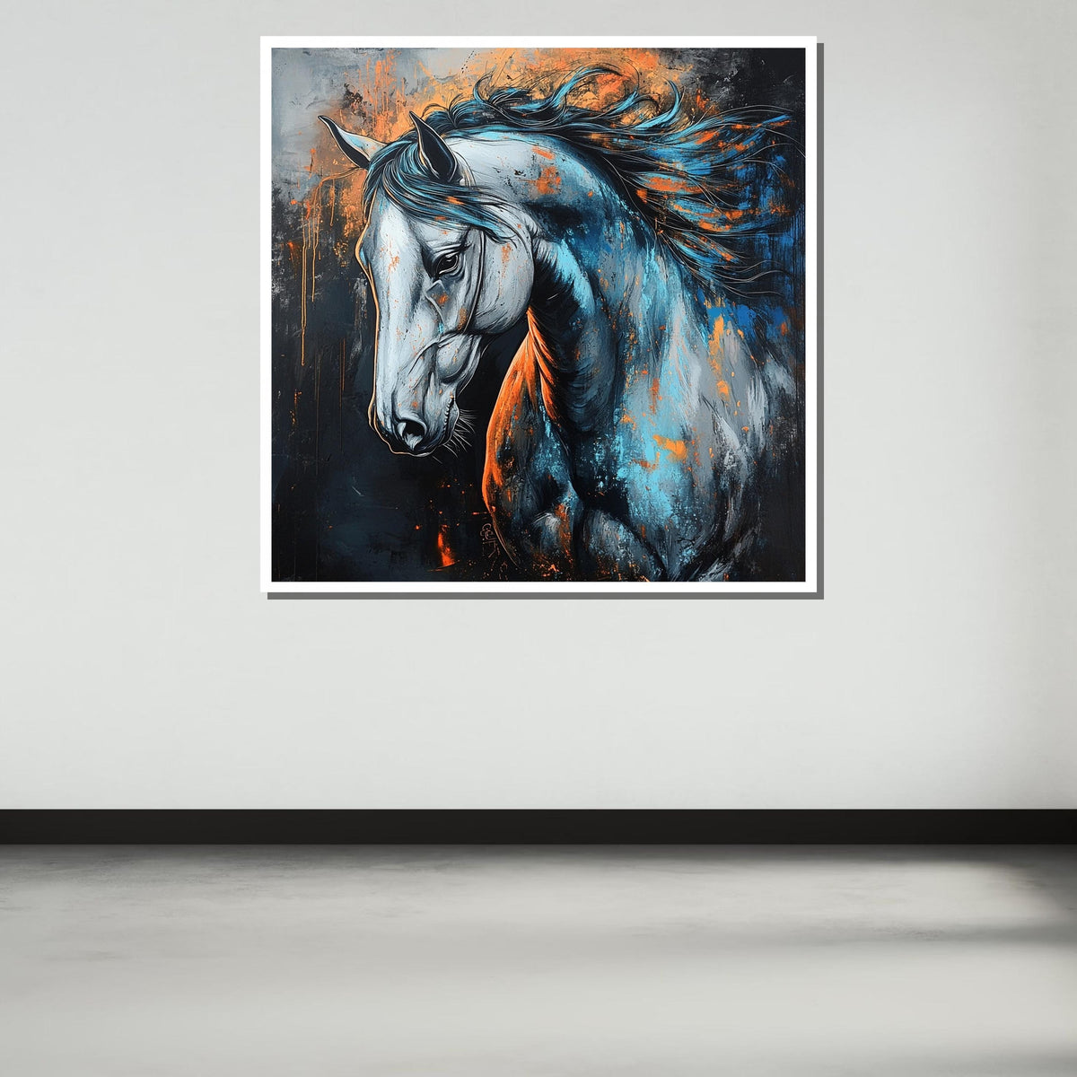 Vibrant Horse Canvas, Abstract Equine Art, Blue and Orange Horse Painting, Bold Animal Wall Decor, Dynamic Horse Portrait, Ready to Hang