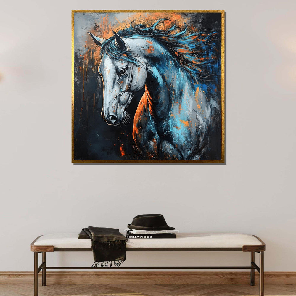 Vibrant Horse Canvas, Abstract Equine Art, Blue and Orange Horse Painting, Bold Animal Wall Decor, Dynamic Horse Portrait, Ready to Hang