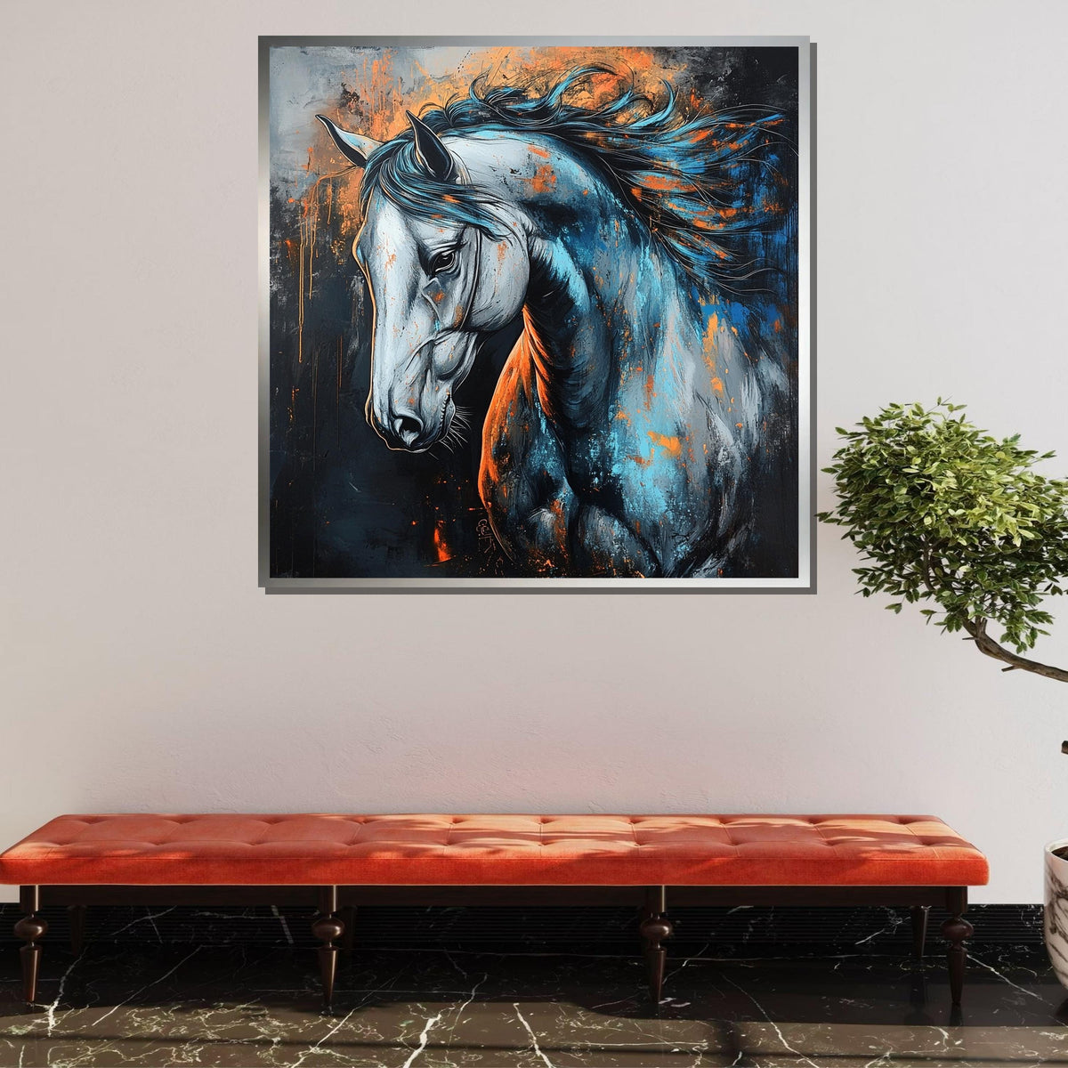 Vibrant Horse Canvas, Abstract Equine Art, Blue and Orange Horse Painting, Bold Animal Wall Decor, Dynamic Horse Portrait, Ready to Hang