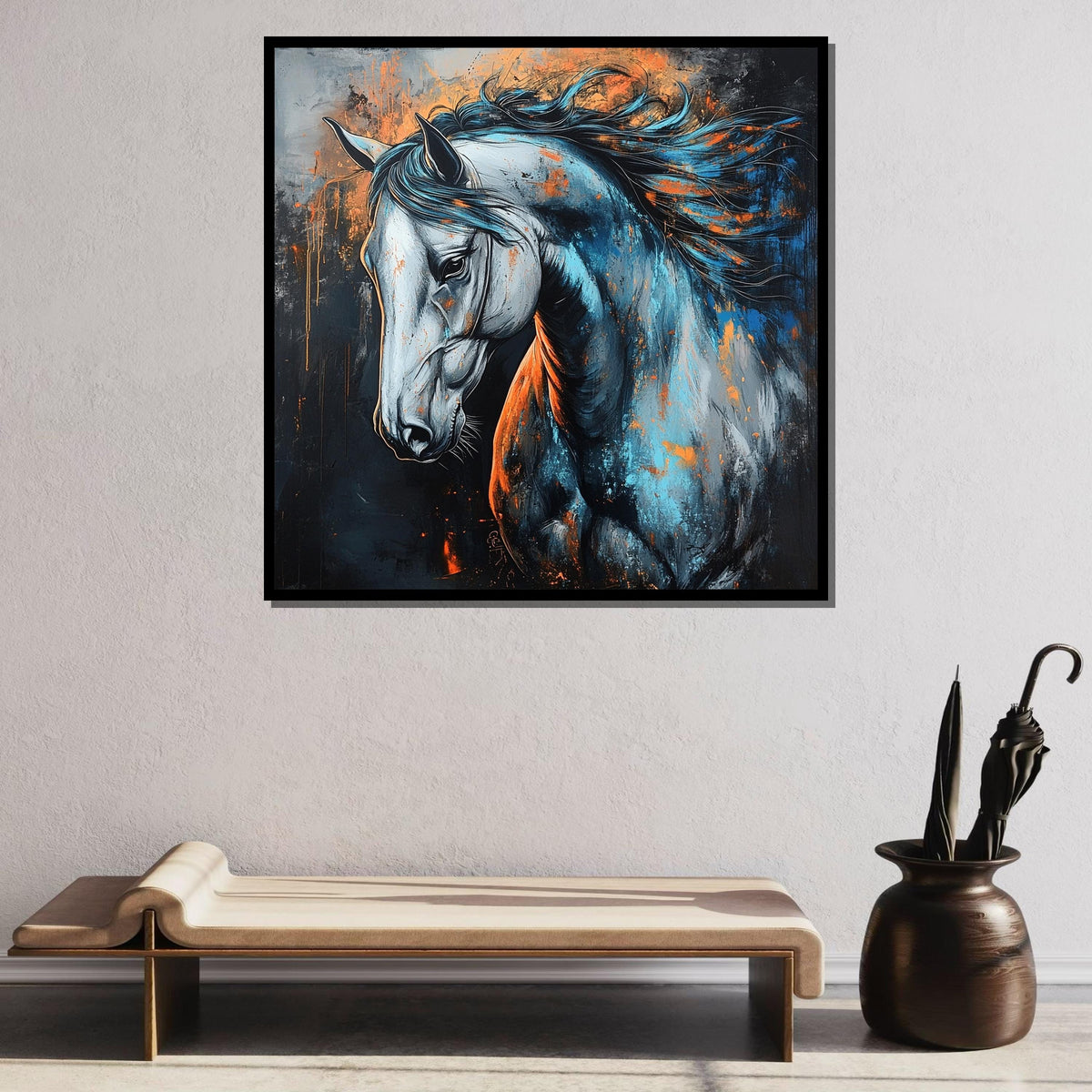 Vibrant Horse Canvas, Abstract Equine Art, Blue and Orange Horse Painting, Bold Animal Wall Decor, Dynamic Horse Portrait, Ready to Hang
