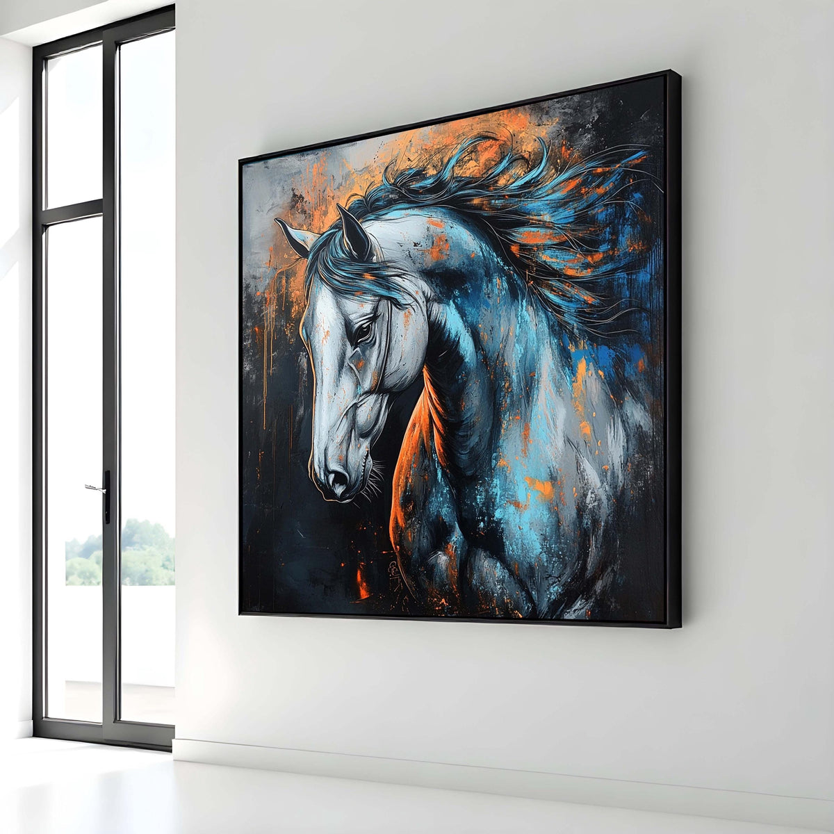 Vibrant Horse Canvas, Abstract Equine Art, Blue and Orange Horse Painting, Bold Animal Wall Decor, Dynamic Horse Portrait, Ready to Hang