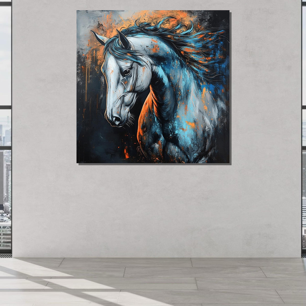 Vibrant Horse Canvas, Abstract Equine Art, Blue and Orange Horse Painting, Bold Animal Wall Decor, Dynamic Horse Portrait, Ready to Hang