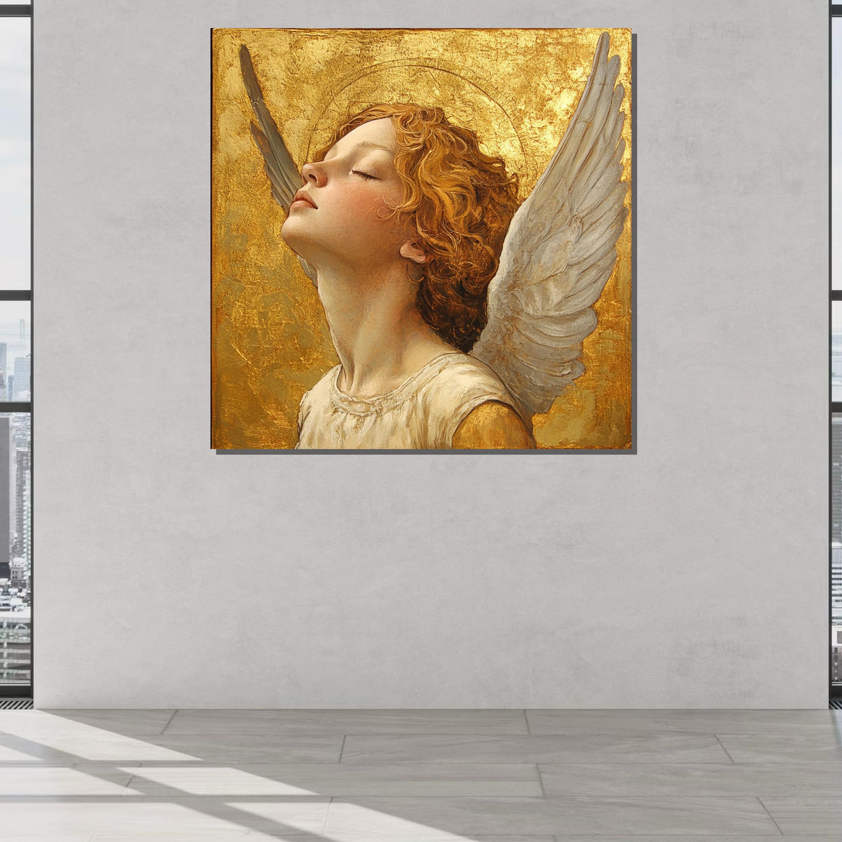 Golden Angel Portrait Canvas, Serene Angelic Art, Elegant Religious Wall Decor, Sacred Guardian Angel Painting, Spiritual Blessing Artwork