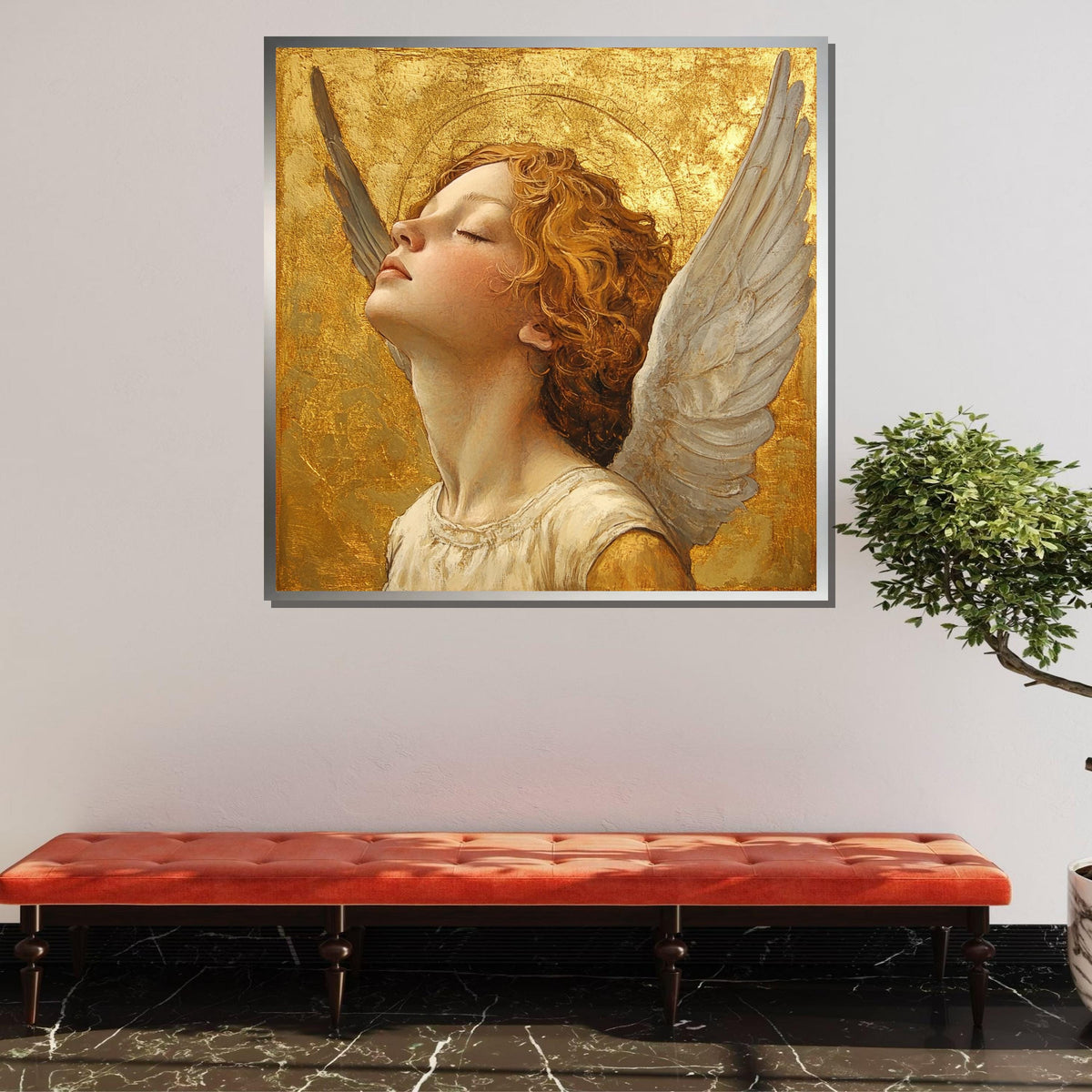 Golden Angel Portrait Canvas, Serene Angelic Art, Elegant Religious Wall Decor, Sacred Guardian Angel Painting, Spiritual Blessing Artwork