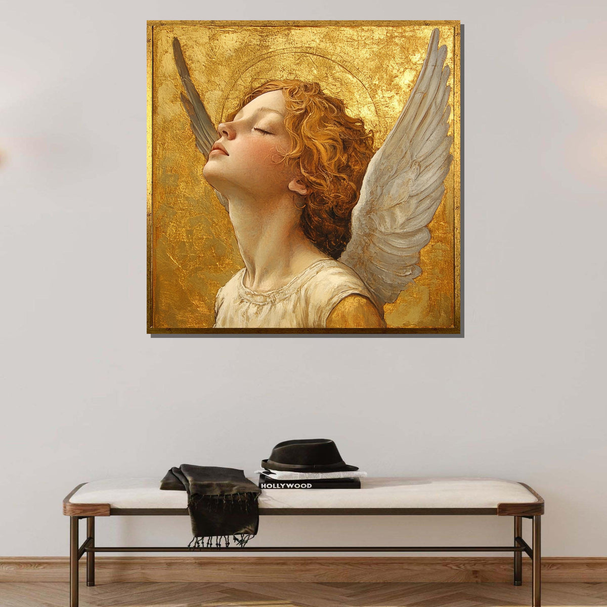 Golden Angel Portrait Canvas, Serene Angelic Art, Elegant Religious Wall Decor, Sacred Guardian Angel Painting, Spiritual Blessing Artwork