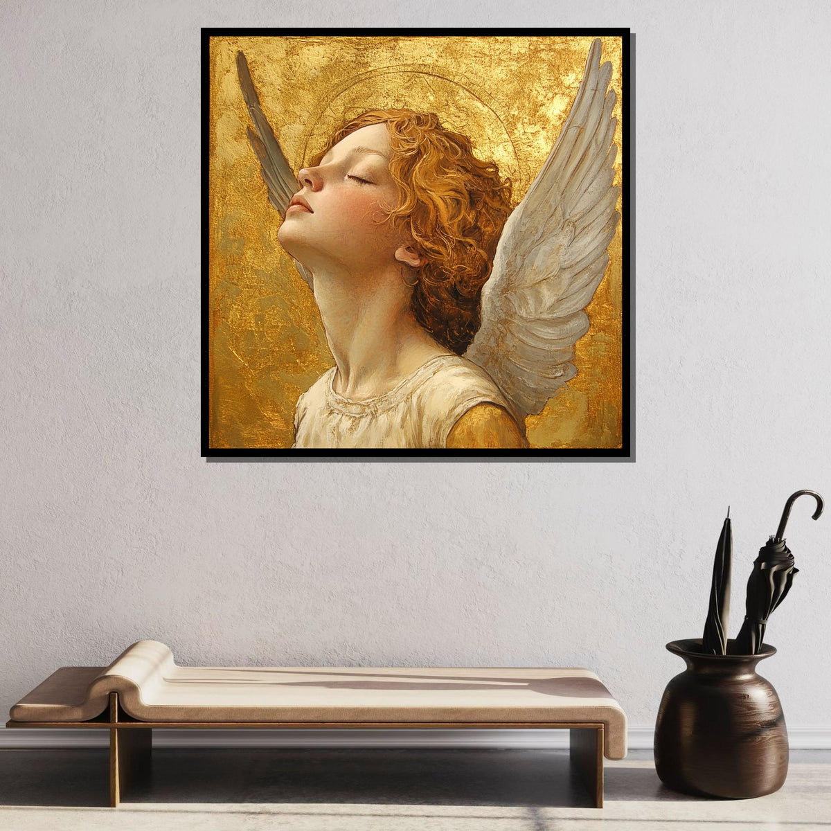 Golden Angel Portrait Canvas, Serene Angelic Art, Elegant Religious Wall Decor, Sacred Guardian Angel Painting, Spiritual Blessing Artwork