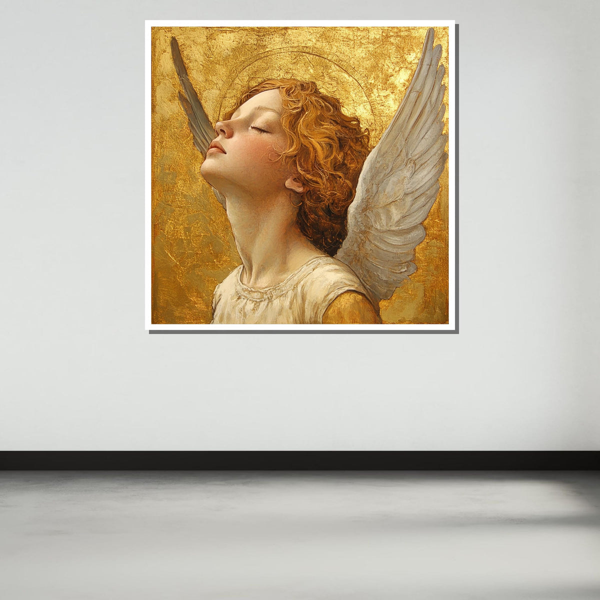 Golden Angel Portrait Canvas, Serene Angelic Art, Elegant Religious Wall Decor, Sacred Guardian Angel Painting, Spiritual Blessing Artwork