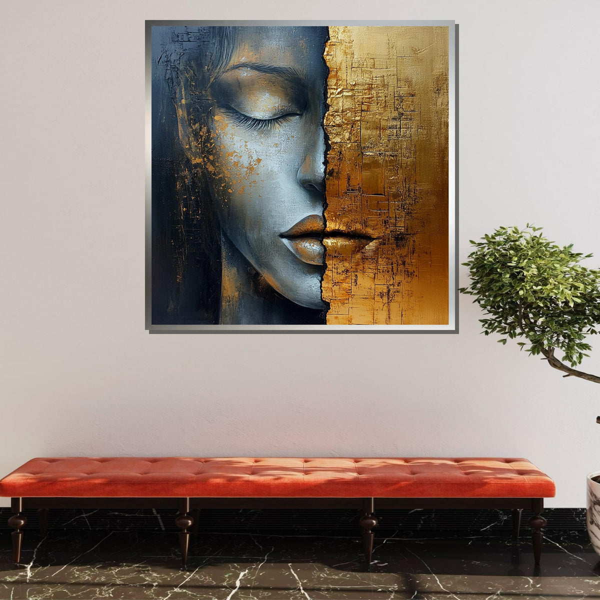 Golden Duality Woman Canvas, Abstract Face Art, Textured Gold and Gray Portrait, Modern Feminine Wall Decor,Contemporary Mixed Media Artwork