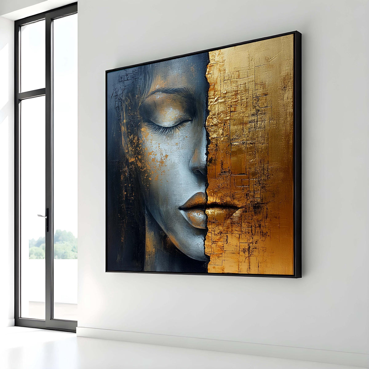 Golden Duality Woman Canvas, Abstract Face Art, Textured Gold and Gray Portrait, Modern Feminine Wall Decor,Contemporary Mixed Media Artwork