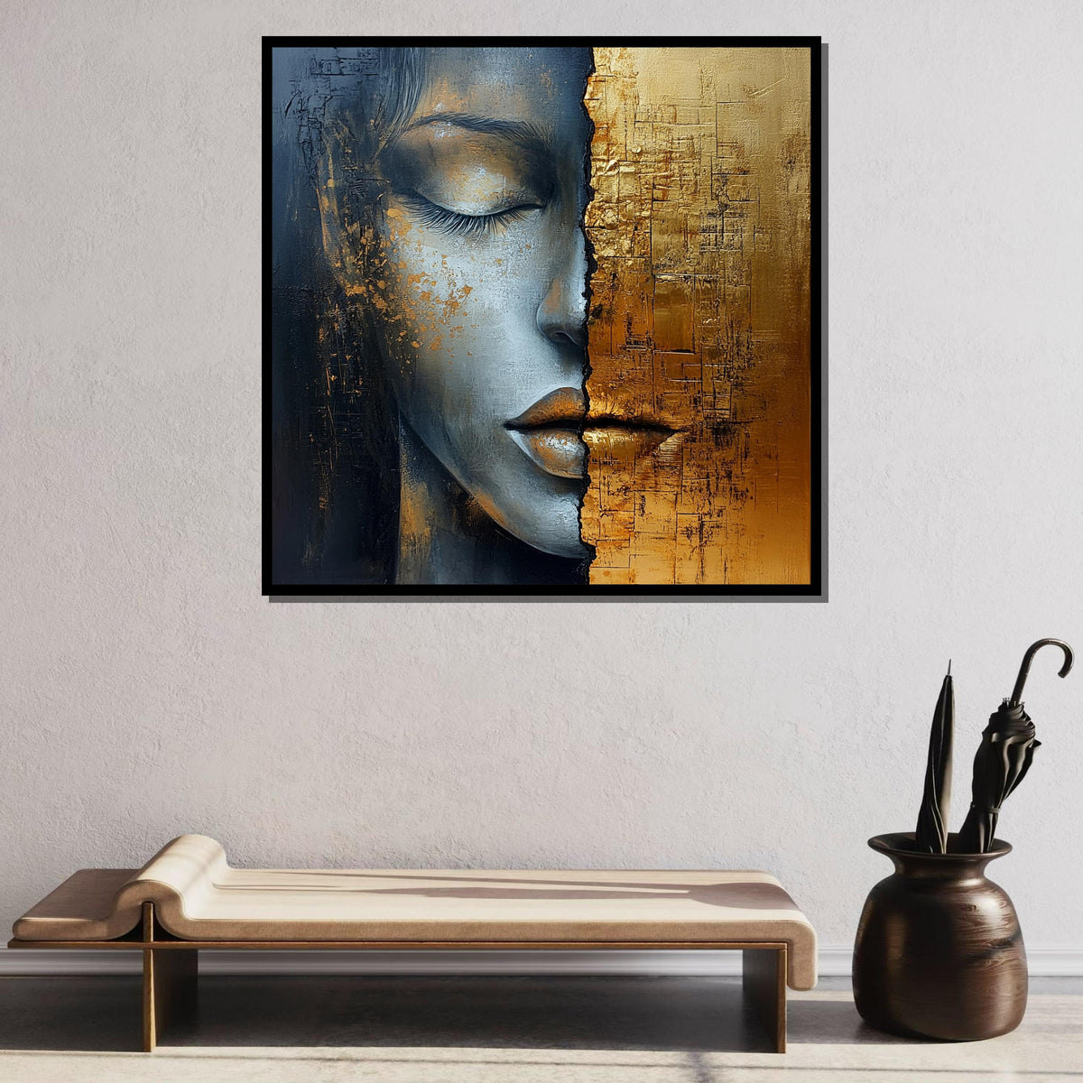 Golden Duality Woman Canvas, Abstract Face Art, Textured Gold and Gray Portrait, Modern Feminine Wall Decor,Contemporary Mixed Media Artwork
