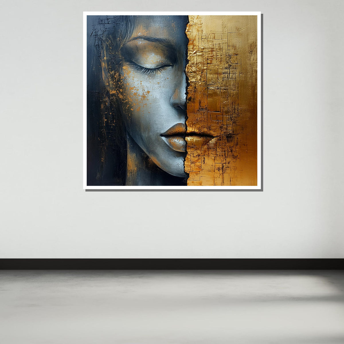 Golden Duality Woman Canvas, Abstract Face Art, Textured Gold and Gray Portrait, Modern Feminine Wall Decor,Contemporary Mixed Media Artwork