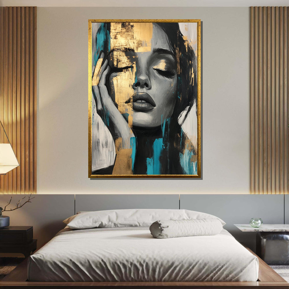 Golden Dreams Portrait Canvas, Abstract Female Art, Blue and Gold Face Art, Modern Expression Wall Decor, Ready to Hang