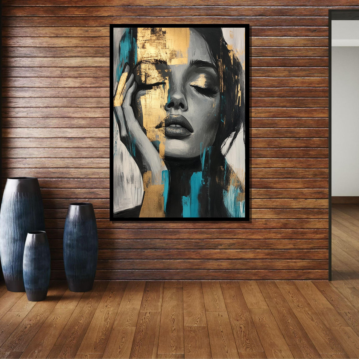 Golden Dreams Portrait Canvas, Abstract Female Art, Blue and Gold Face Art, Modern Expression Wall Decor, Ready to Hang