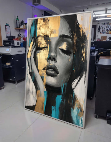 Golden Dreams Portrait Canvas, Abstract Female Art, Blue and Gold Face Art, Modern Expression Wall Decor, Ready to Hang