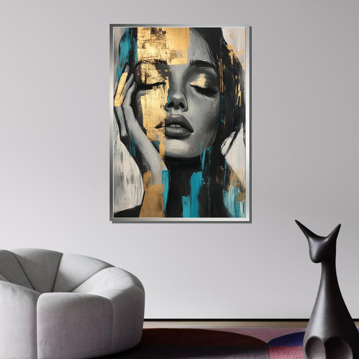 Golden Dreams Portrait Canvas, Abstract Female Art, Blue and Gold Face Art, Modern Expression Wall Decor, Ready to Hang