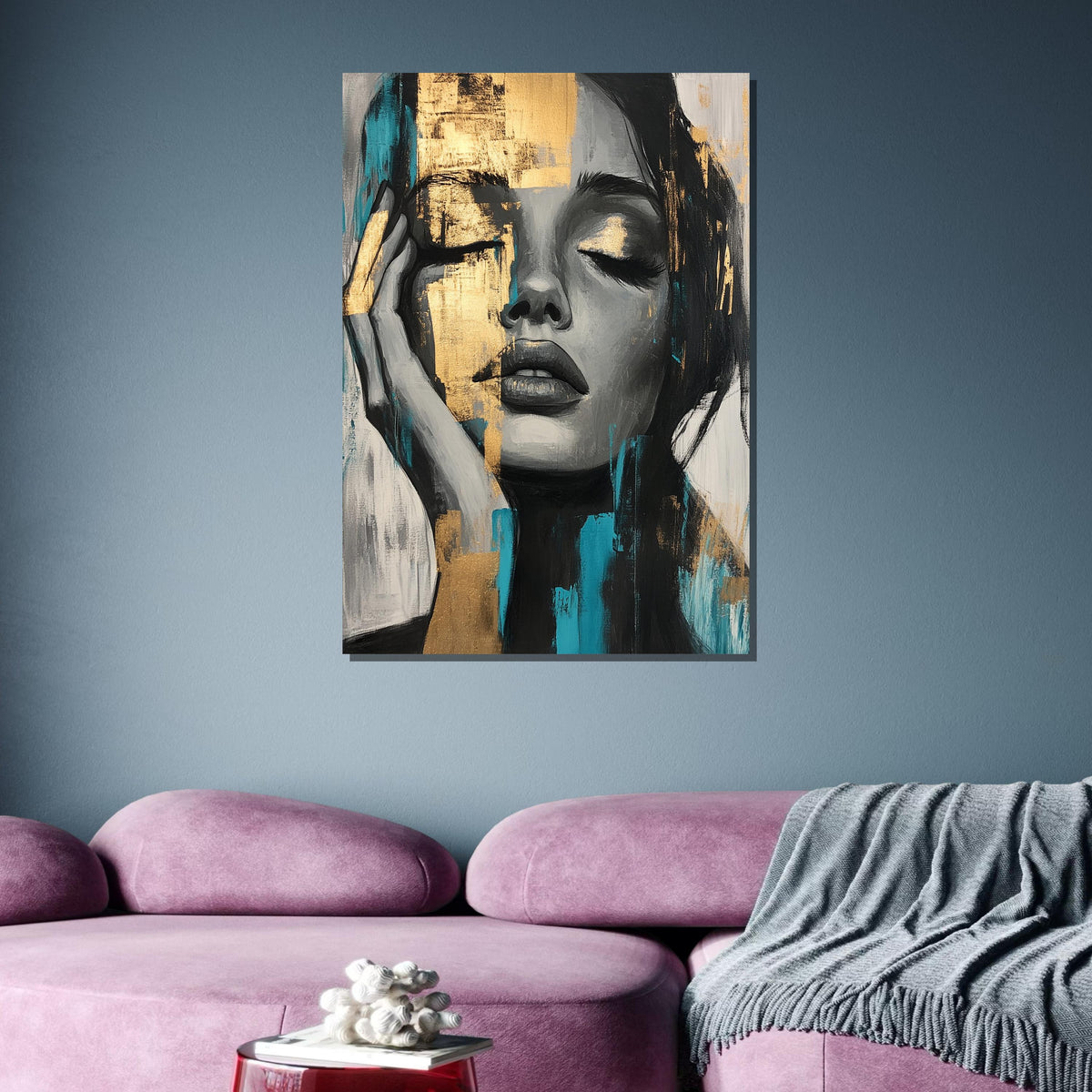 Golden Dreams Portrait Canvas, Abstract Female Art, Blue and Gold Face Art, Modern Expression Wall Decor, Ready to Hang