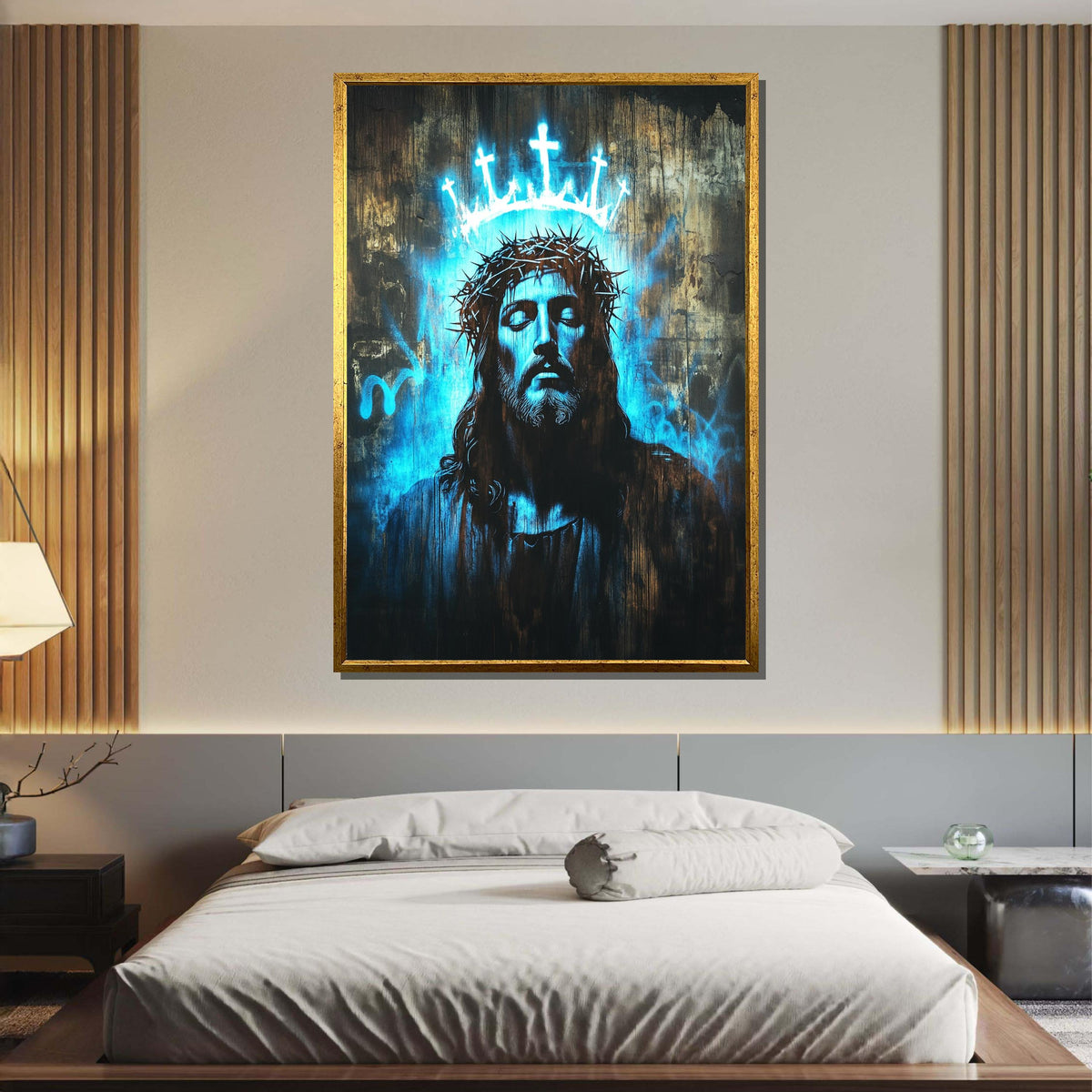 Ethereal Woman with Golden Halo, Abstract Portrait Canvas, Divine Feminine Art, Radiant Wall Decor, Ready to Hang
