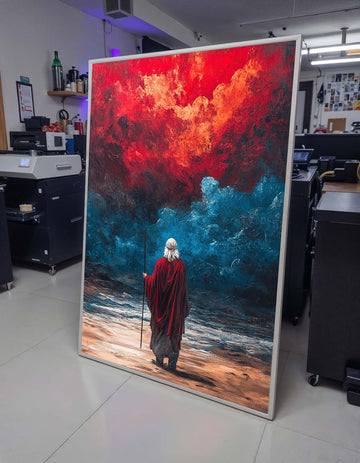 Prophet in Red Sea Canvas,Divine Vision Art,Biblical Wall Art,Red Cloak Man,Spiritual Canvas Decor,Ready to Hang Wall Art,Radiant Wall Decor