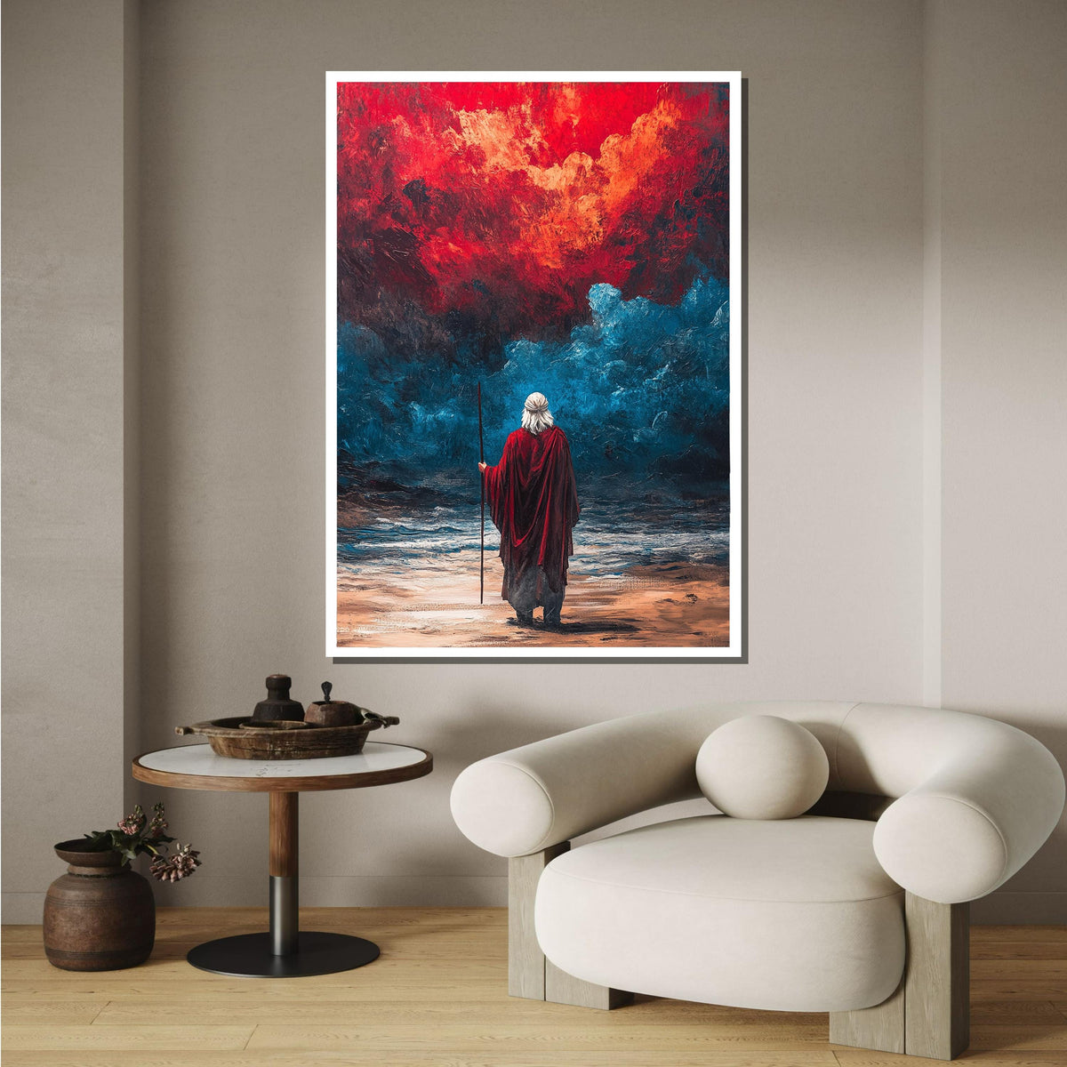 Prophet in Red Sea Canvas,Divine Vision Art,Biblical Wall Art,Red Cloak Man,Spiritual Canvas Decor,Ready to Hang Wall Art,Radiant Wall Decor