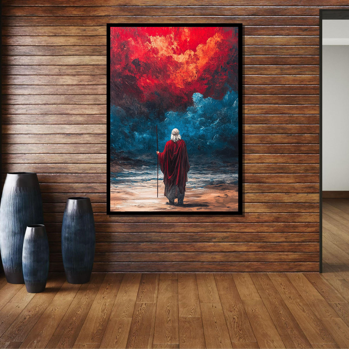 Prophet in Red Sea Canvas,Divine Vision Art,Biblical Wall Art,Red Cloak Man,Spiritual Canvas Decor,Ready to Hang Wall Art,Radiant Wall Decor