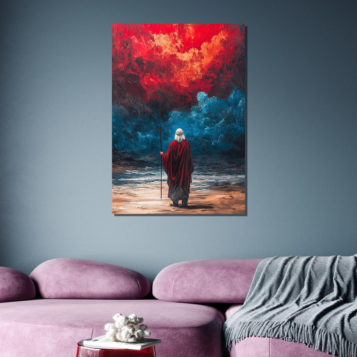 Prophet in Red Sea Canvas,Divine Vision Art,Biblical Wall Art,Red Cloak Man,Spiritual Canvas Decor,Ready to Hang Wall Art,Radiant Wall Decor
