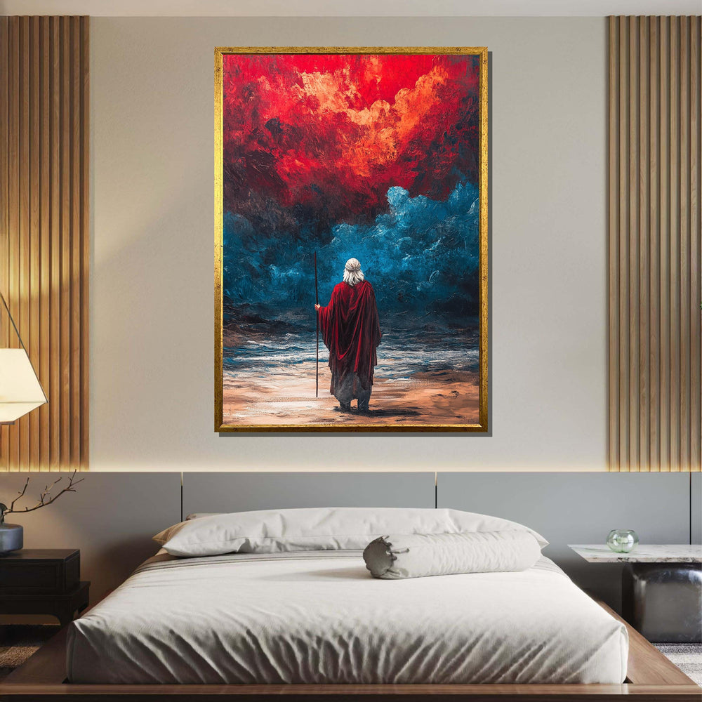 Prophet in Red Sea Canvas,Divine Vision Art,Biblical Wall Art,Red Cloak Man,Spiritual Canvas Decor,Ready to Hang Wall Art,Radiant Wall Decor