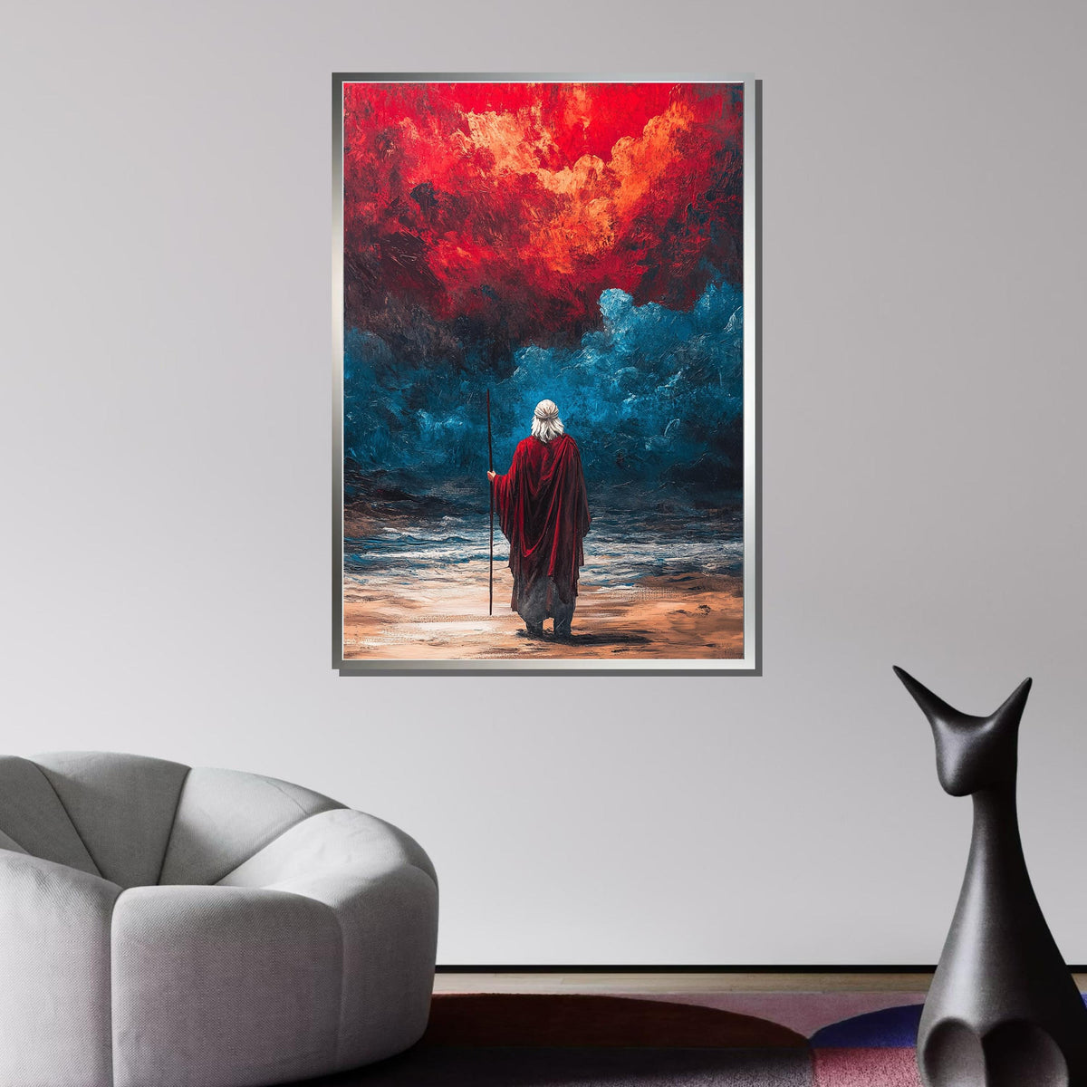 Prophet in Red Sea Canvas,Divine Vision Art,Biblical Wall Art,Red Cloak Man,Spiritual Canvas Decor,Ready to Hang Wall Art,Radiant Wall Decor