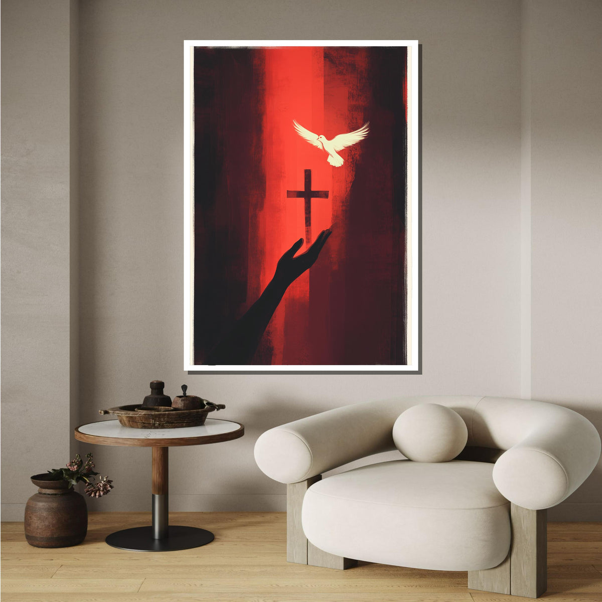 Faith and Peace Canvas, Cross with Dove Art, Spiritual Red Wall Decor, Religious Christian Print, Ready to Hang, Bold Christian Artwork