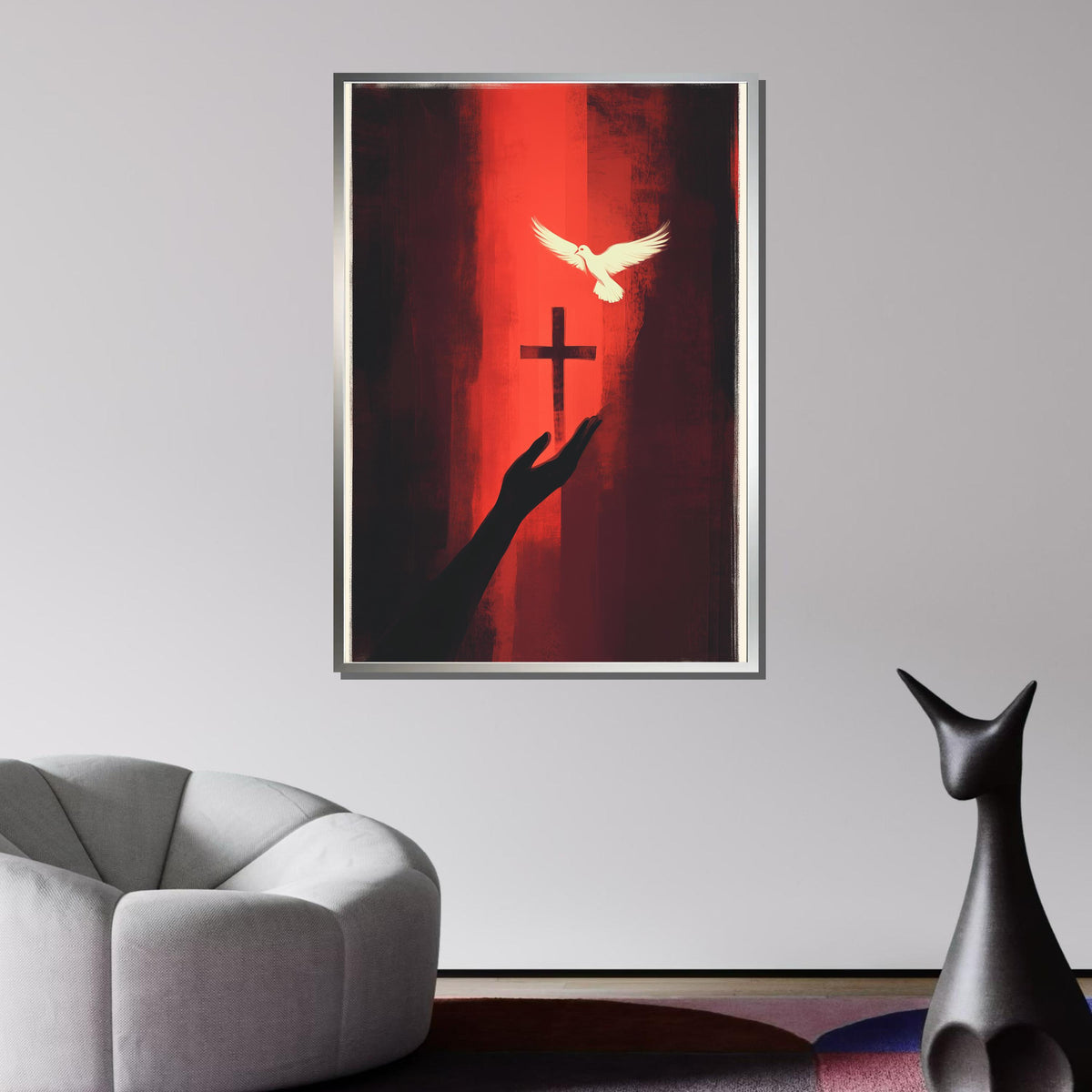 Faith and Peace Canvas, Cross with Dove Art, Spiritual Red Wall Decor, Religious Christian Print, Ready to Hang, Bold Christian Artwork