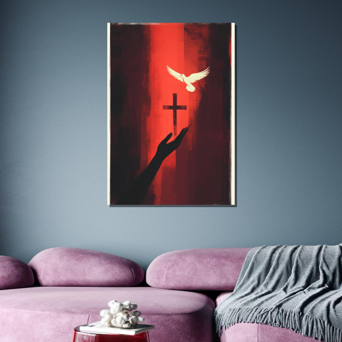 Faith and Peace Canvas, Cross with Dove Art, Spiritual Red Wall Decor, Religious Christian Print, Ready to Hang, Bold Christian Artwork