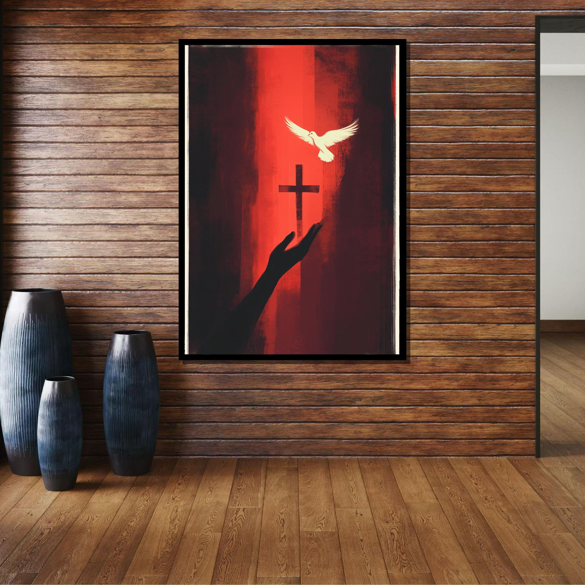 Faith and Peace Canvas, Cross with Dove Art, Spiritual Red Wall Decor, Religious Christian Print, Ready to Hang, Bold Christian Artwork
