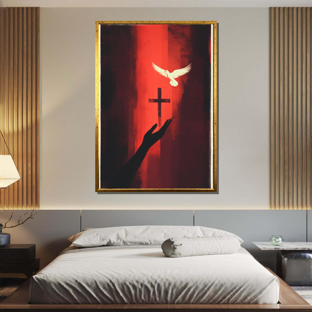 Faith and Peace Canvas, Cross with Dove Art, Spiritual Red Wall Decor, Religious Christian Print, Ready to Hang, Bold Christian Artwork
